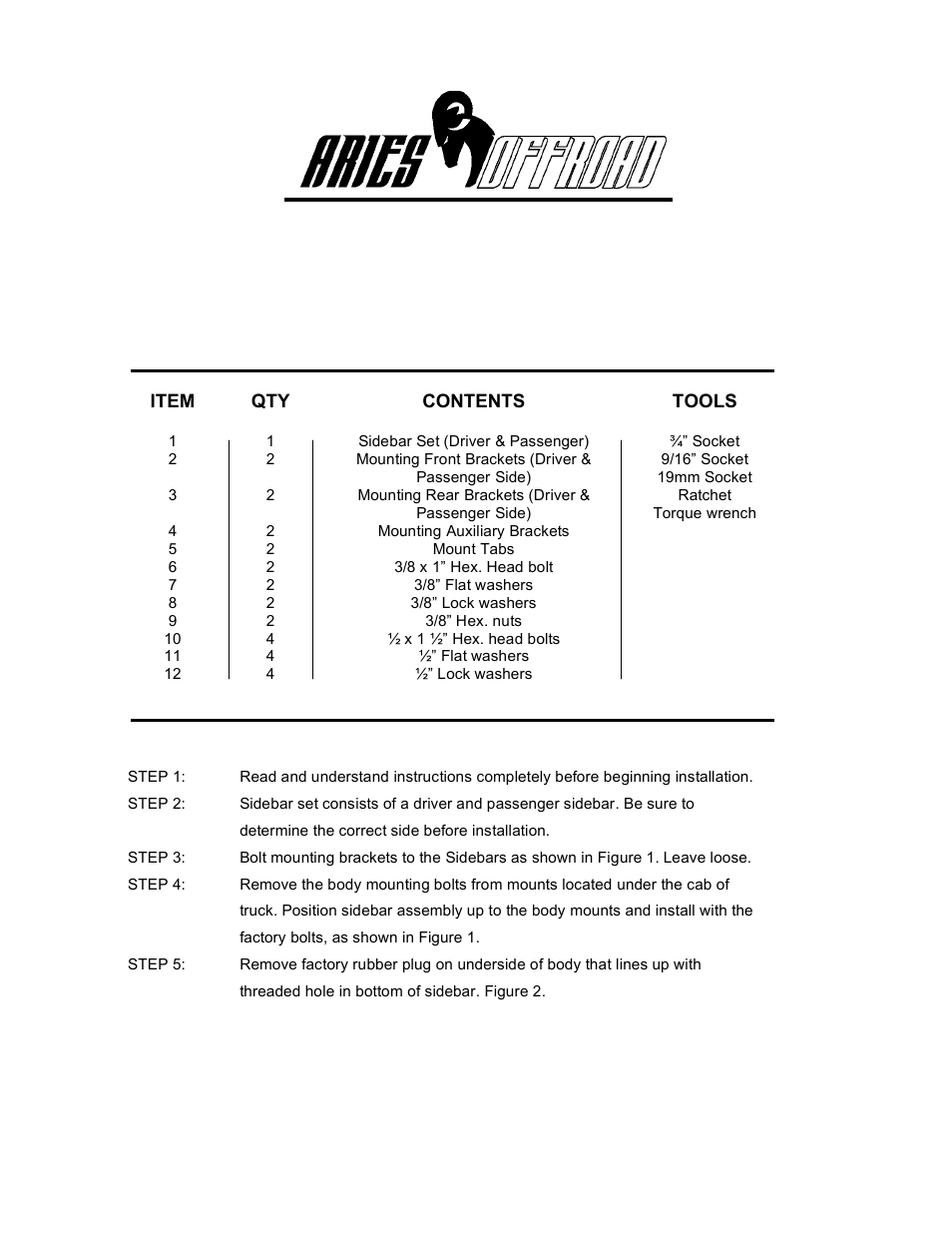 Aries Automotive 205001-2 User Manual | 2 pages