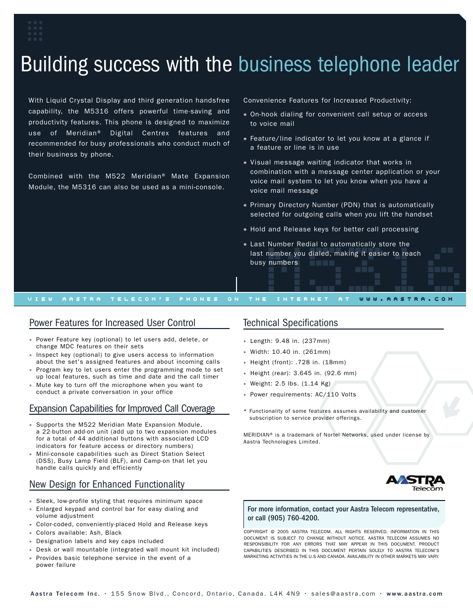 M5316, Power features for increased user control, Expansion capabilities for improved call coverage | New design for enhanced functionality, Technical specifications | Aastra Telecom MERIDIAN M5316 User Manual | Page 2 / 2