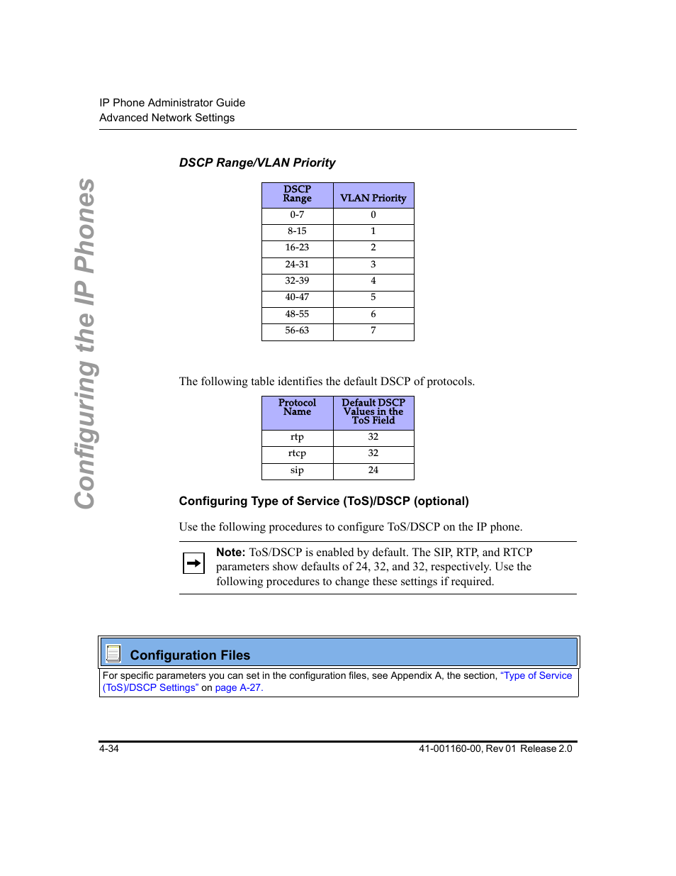Dscp range/vlan priority, Configuring type of service (tos)/dscp (optional), Dscp range/vlan | Priority, Configuring the ip phones | Aastra Telecom SISIP 57I CT User Manual | Page 100 / 602