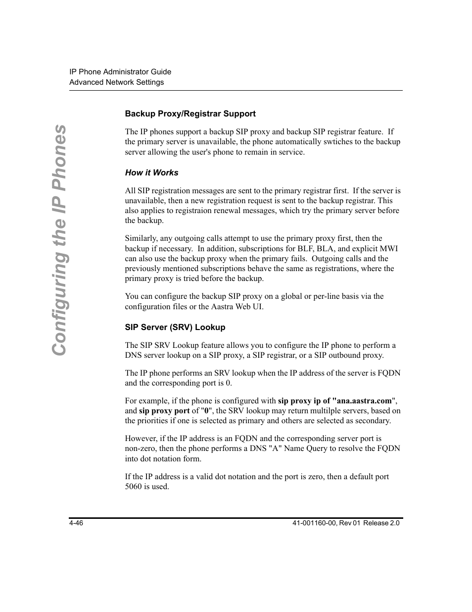 Backup proxy/registrar support, How it works, Sip server (srv) lookup | Configuring the ip phones | Aastra Telecom SISIP 57I CT User Manual | Page 112 / 602