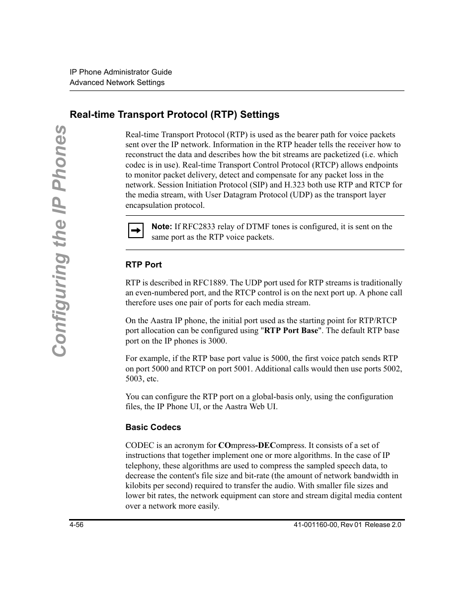 Real-time transport protocol (rtp) settings, Rtp port, Basic codecs | Real-time transport protocol (rtp) settings -56, Configuring the ip phones | Aastra Telecom SISIP 57I CT User Manual | Page 122 / 602