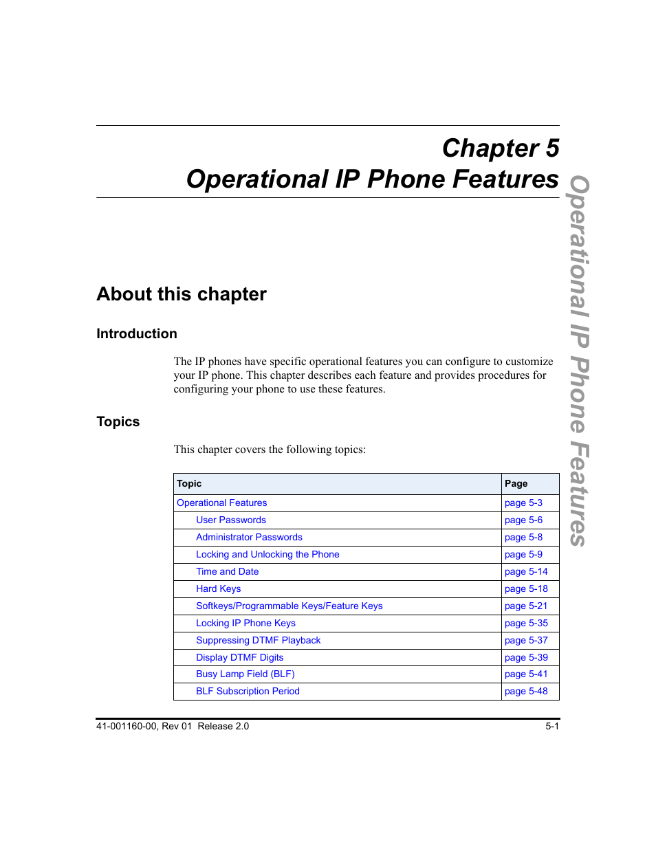 Chapter 5 operational ip phone features, About this chapter, About this chapter -1 | Chapter 5, Chapter | Aastra Telecom SISIP 57I CT User Manual | Page 129 / 602