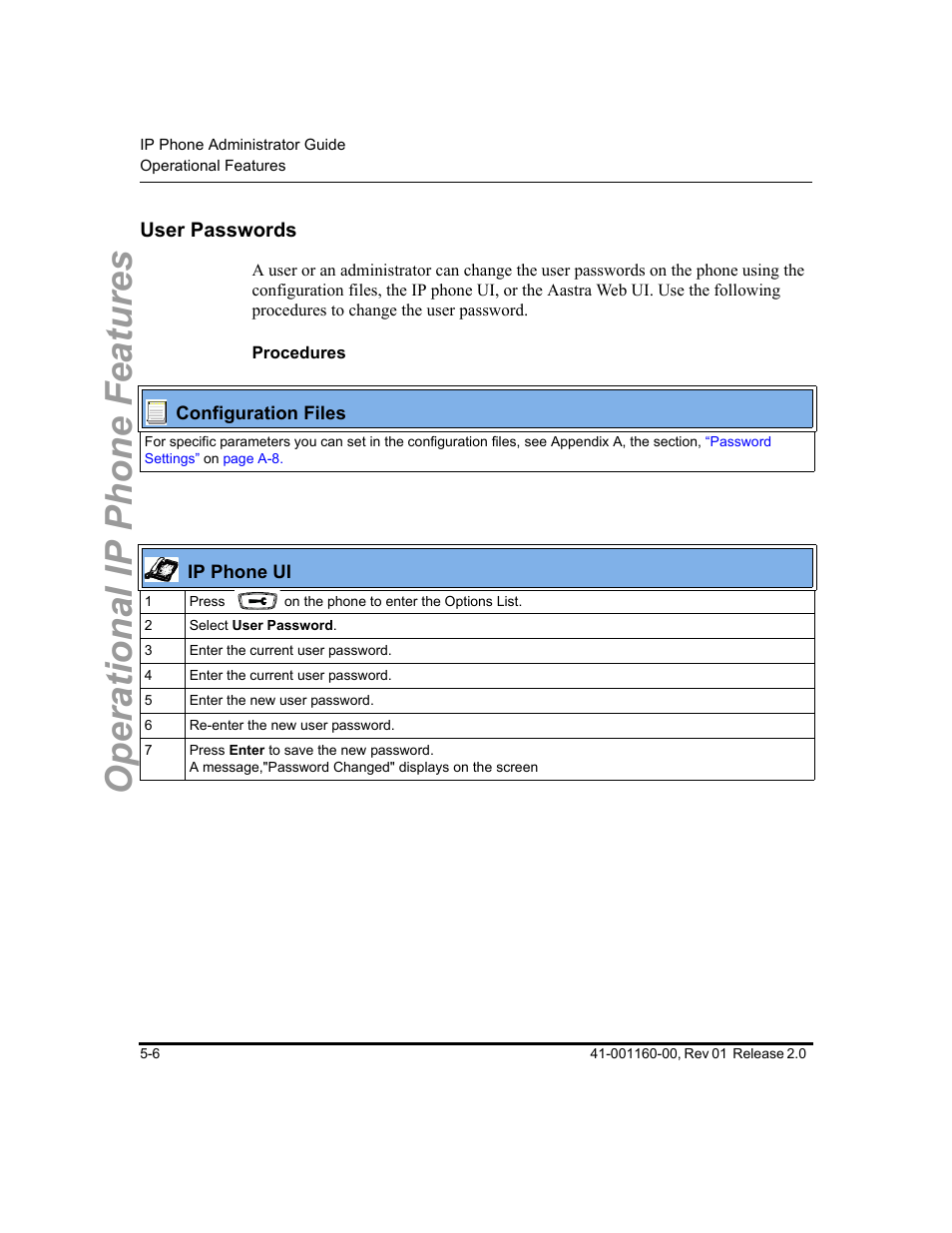 User passwords, Procedures, User passwords -6 | Operational ip phone features | Aastra Telecom SISIP 57I CT User Manual | Page 134 / 602