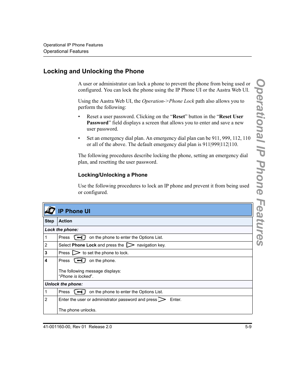 Locking and unlocking the phone, Locking/unlocking a phone, Locking and unlocking the phone -9 | Operational ip phone features | Aastra Telecom SISIP 57I CT User Manual | Page 137 / 602