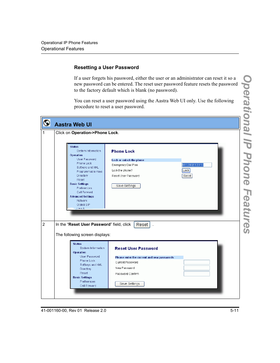 Resetting a user password, Operational ip phone features | Aastra Telecom SISIP 57I CT User Manual | Page 139 / 602