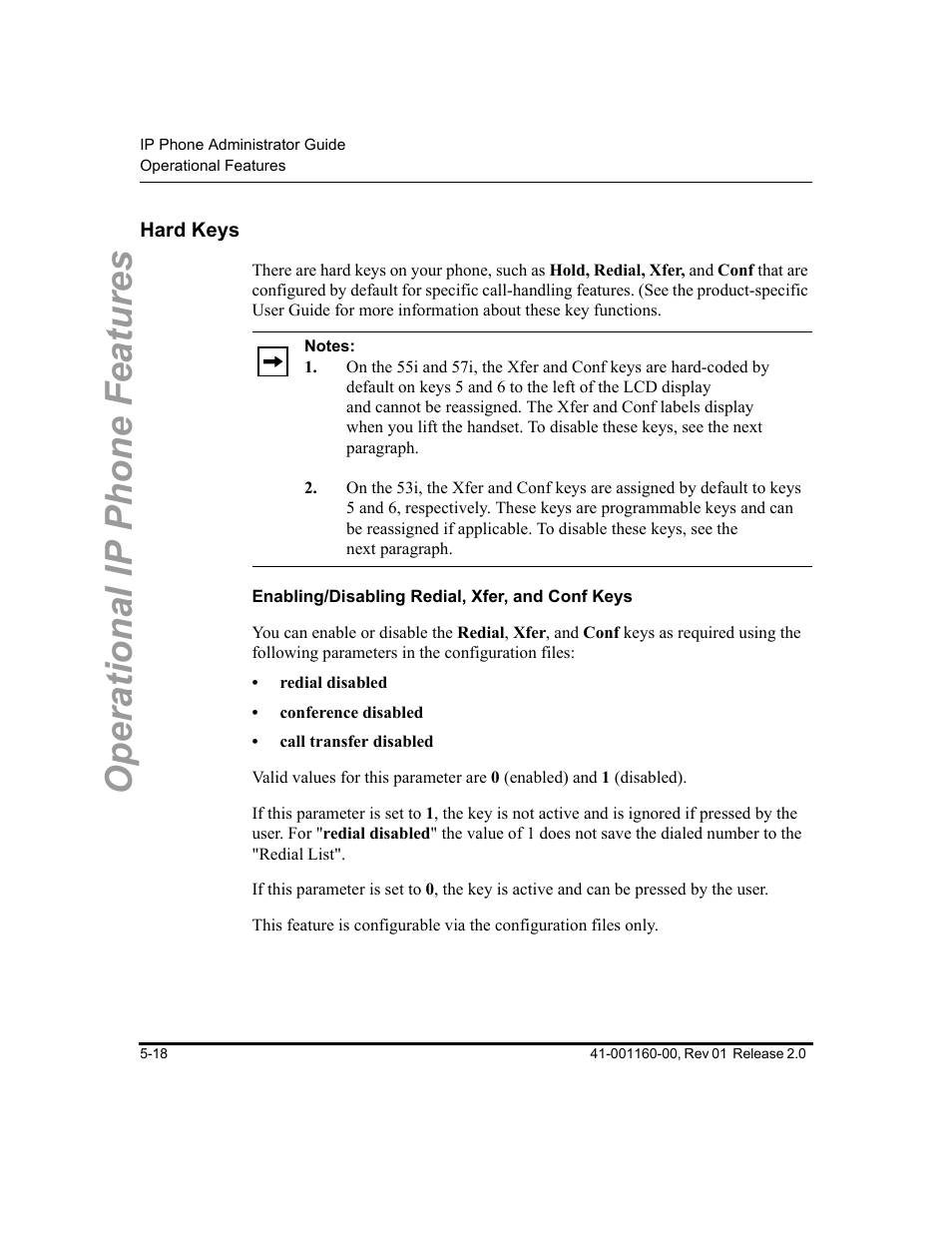 Hard keys, Enabling/disabling redial, xfer, and conf keys, Hard keys -18 | Hard, Keys, Operational ip phone features | Aastra Telecom SISIP 57I CT User Manual | Page 146 / 602