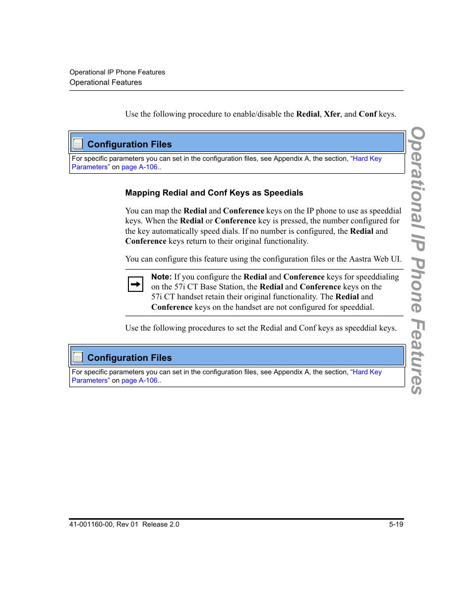 Mapping redial and conf keys as speedials, Operational ip phone features | Aastra Telecom SISIP 57I CT User Manual | Page 147 / 602