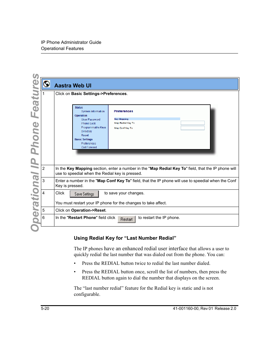 Using redial key for “last number redial, Operational ip phone features | Aastra Telecom SISIP 57I CT User Manual | Page 148 / 602