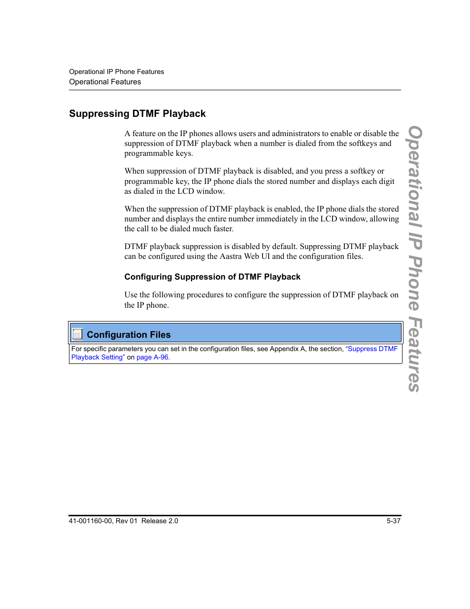 Suppressing dtmf playback, Configuring suppression of dtmf playback, Suppressing dtmf playback -37 | Operational ip phone features | Aastra Telecom SISIP 57I CT User Manual | Page 165 / 602