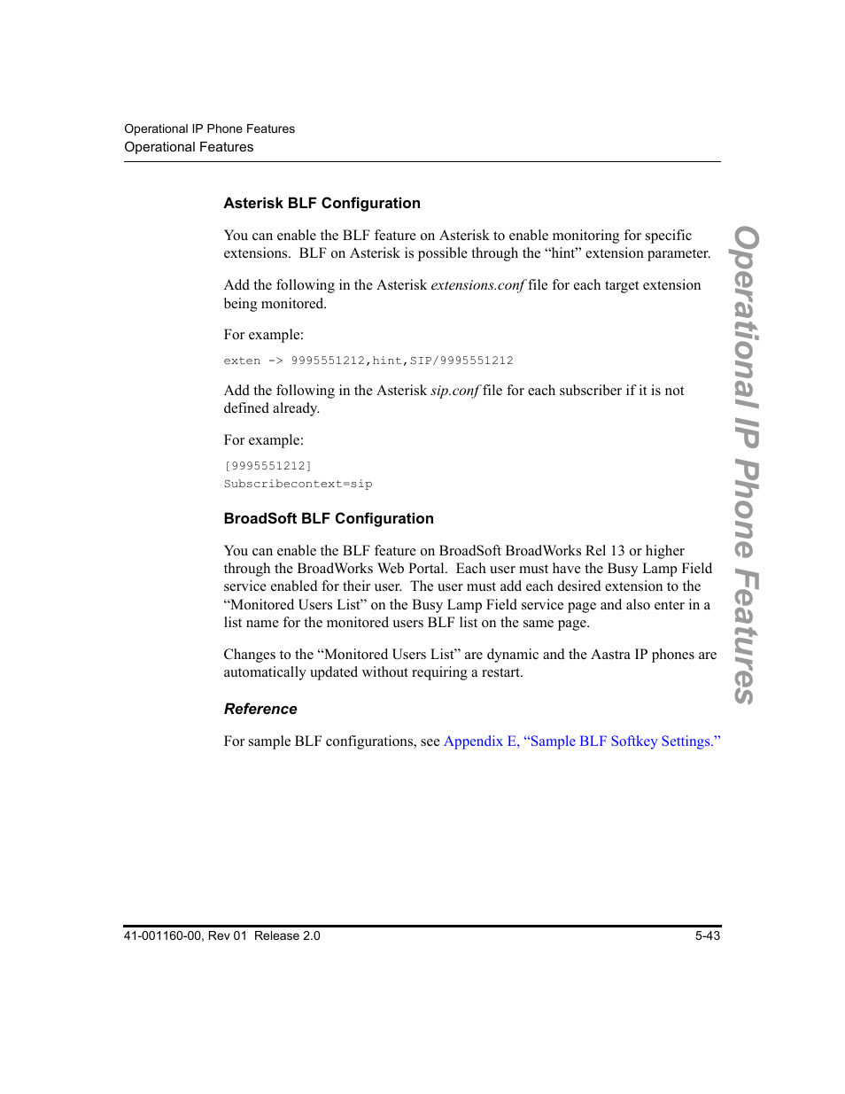 Asterisk blf configuration, Broadsoft blf configuration, Reference | Operational ip phone features | Aastra Telecom SISIP 57I CT User Manual | Page 171 / 602