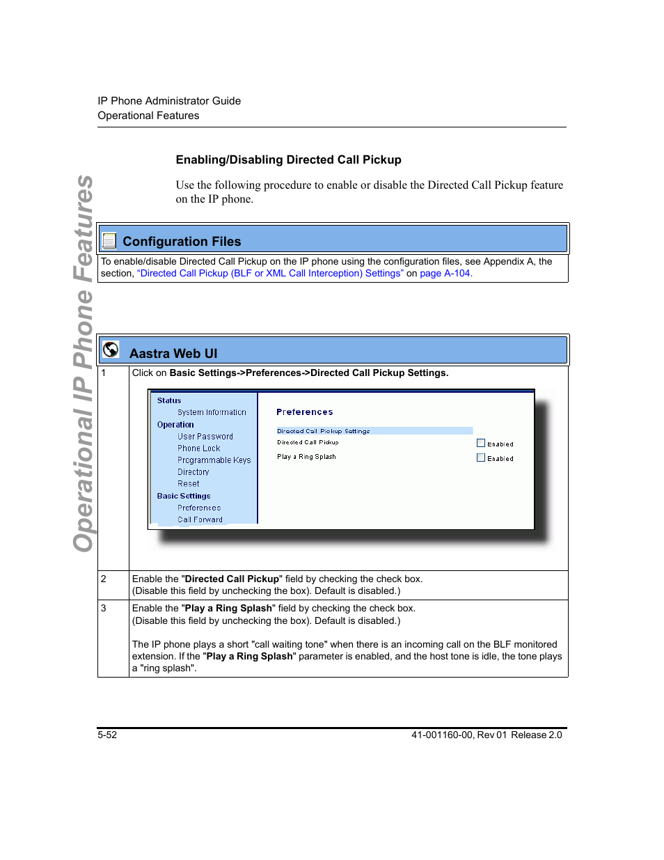 Enabling/disabling directed call pickup, Operational ip phone features | Aastra Telecom SISIP 57I CT User Manual | Page 180 / 602