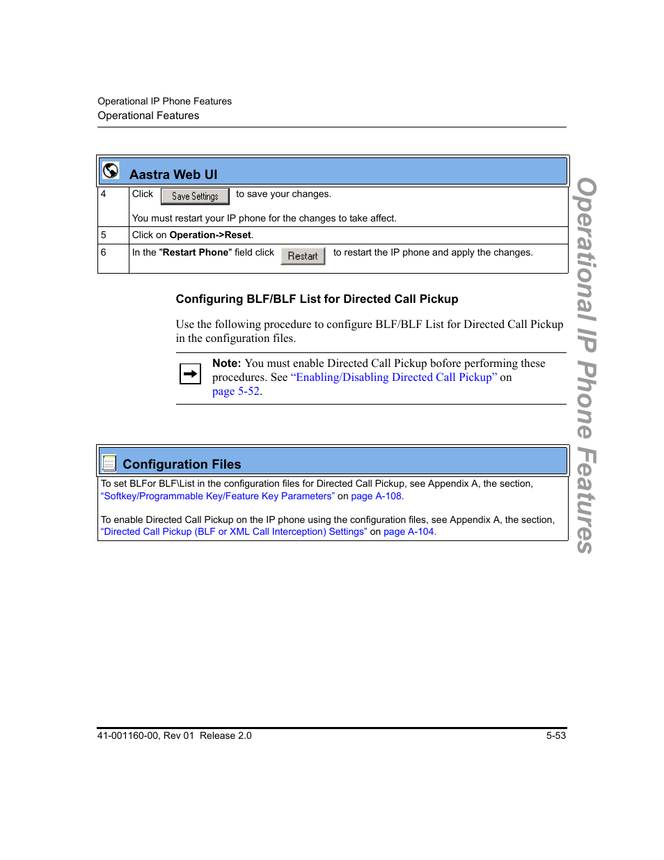 Configuring blf/blf list for directed call pickup, Operational ip phone features | Aastra Telecom SISIP 57I CT User Manual | Page 181 / 602