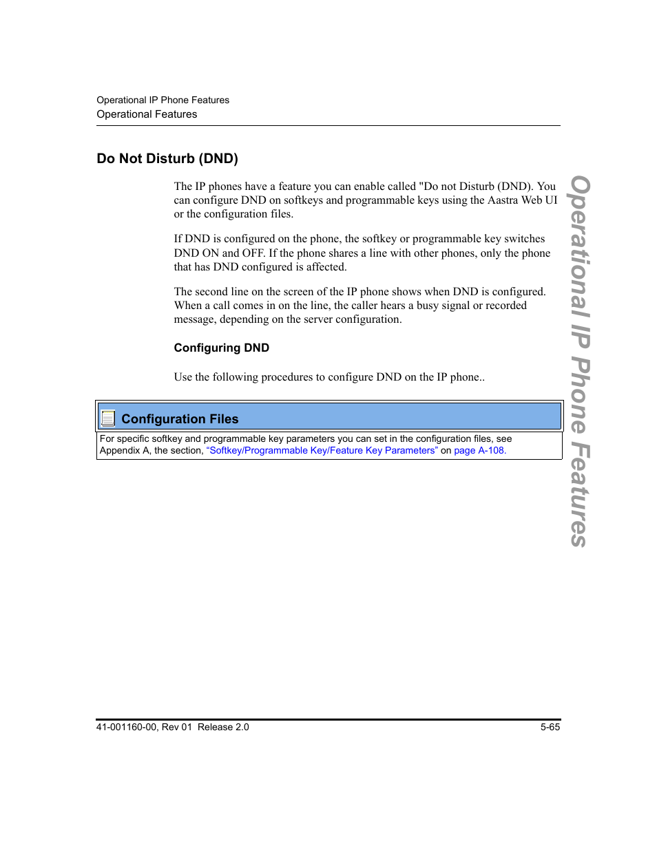 Do not disturb (dnd), Configuring dnd, Do not disturb (dnd) -65 | Operational ip phone features | Aastra Telecom SISIP 57I CT User Manual | Page 193 / 602