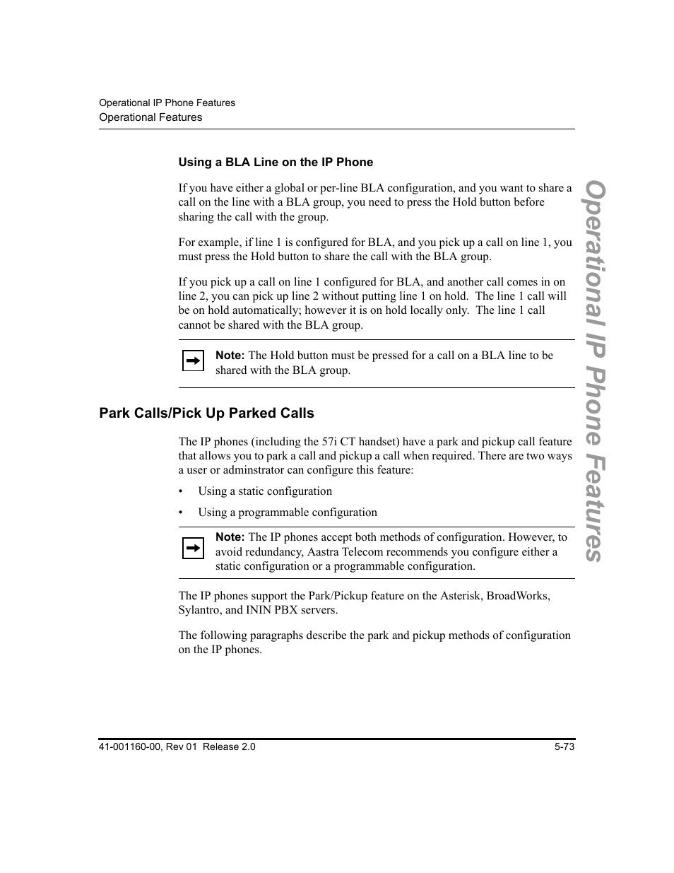 Using a bla line on the ip phone, Park calls/pick up parked calls, Park calls/pick up parked calls -73 | Park calls/pick up, Parked calls, Tion, Park calls/pick, Up parked calls, Operational ip phone features | Aastra Telecom SISIP 57I CT User Manual | Page 201 / 602