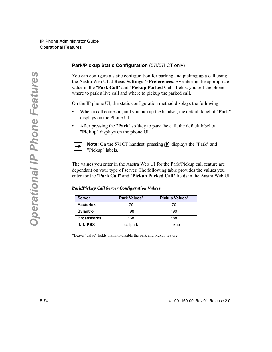 Park/pickup static configuration (57i/57i ct only), Park/pickup call server configuration values, Operational ip phone features | Aastra Telecom SISIP 57I CT User Manual | Page 202 / 602