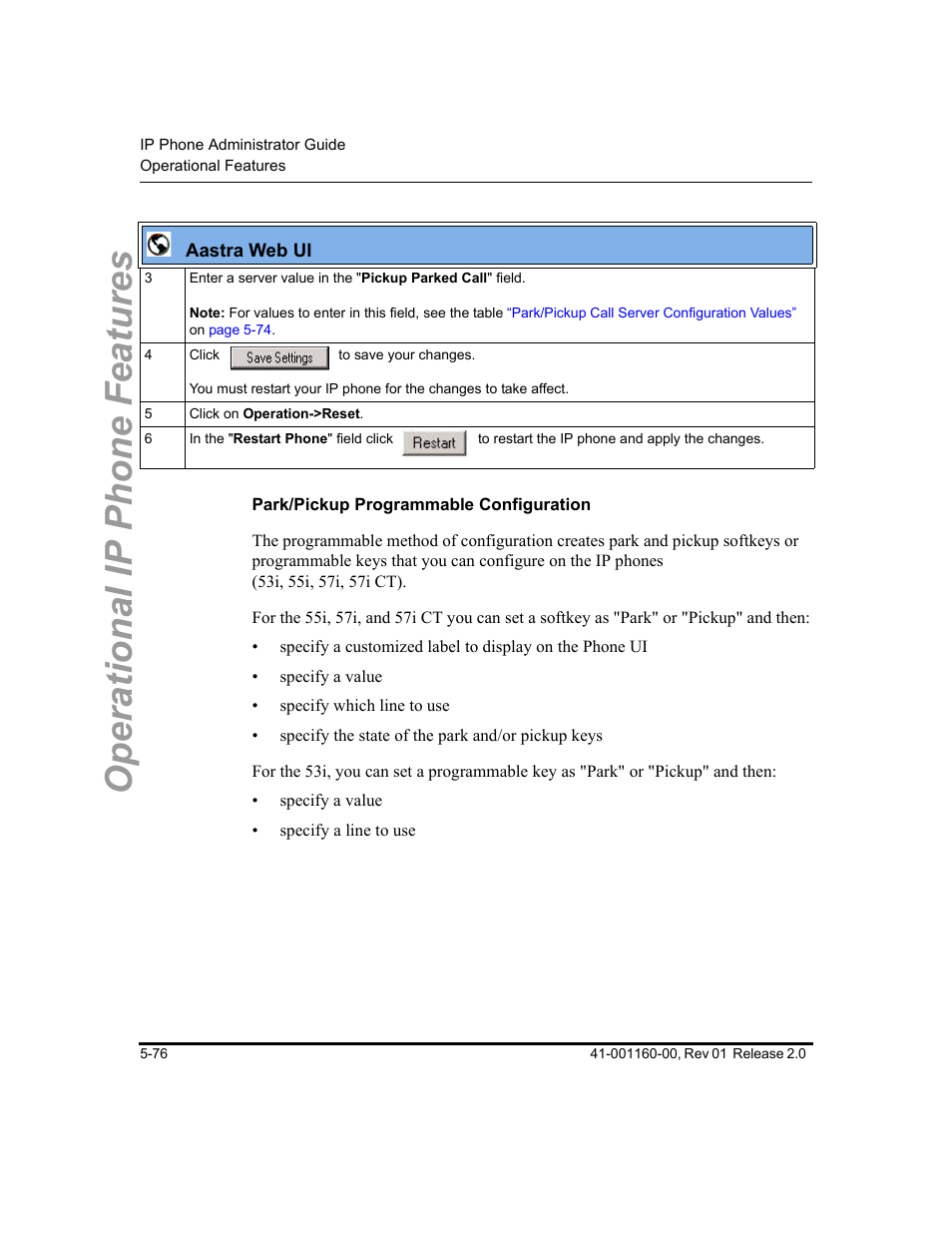 Park/pickup programmable configuration, Operational ip phone features | Aastra Telecom SISIP 57I CT User Manual | Page 204 / 602