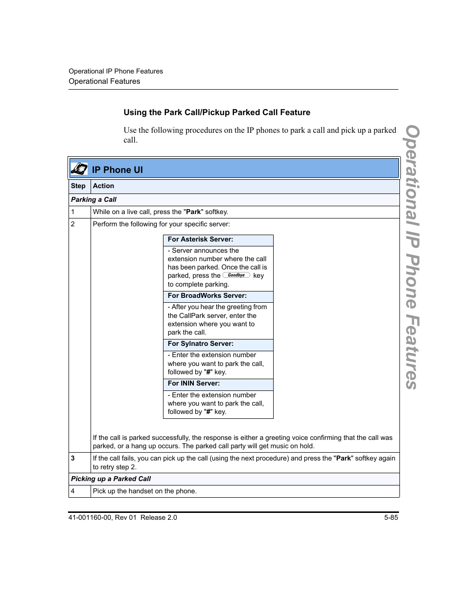 Using the park call/pickup parked call feature, Operational ip phone features | Aastra Telecom SISIP 57I CT User Manual | Page 213 / 602