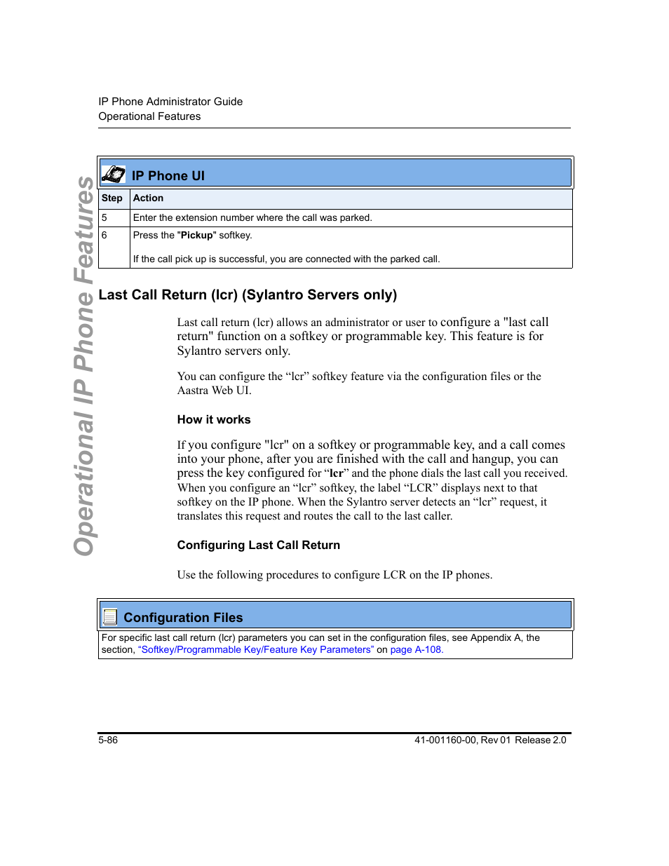 Last call return (lcr) (sylantro servers only), How it works, Configuring last call return | Last call return (lcr) (sylantro servers only) -86, Last call return (lcr), Sylantro servers only), Operational ip phone features | Aastra Telecom SISIP 57I CT User Manual | Page 214 / 602