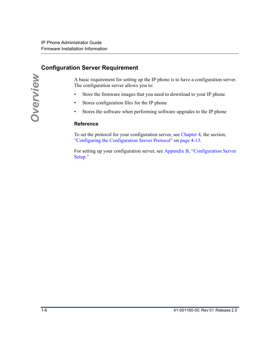 Configuration server requirement, Reference, Configuration server requirement -6 | Overview | Aastra Telecom SISIP 57I CT User Manual | Page 22 / 602