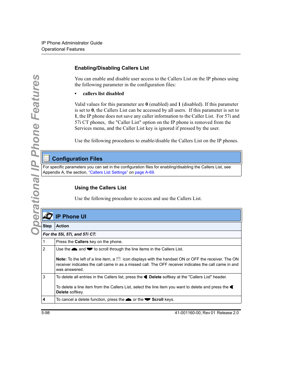 Enabling/disabling callers list, Using the callers list, Operational ip phone features | Aastra Telecom SISIP 57I CT User Manual | Page 226 / 602