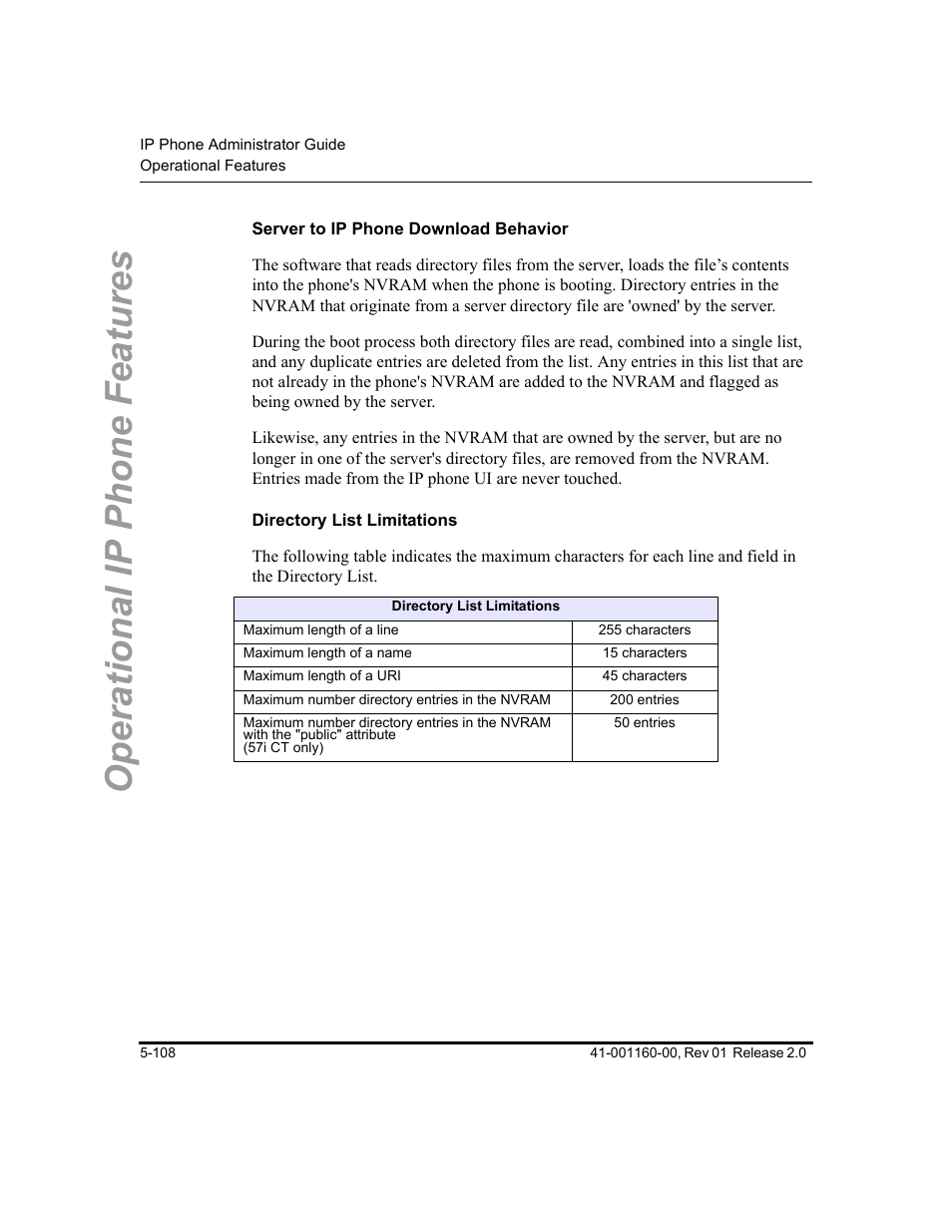 Server to ip phone download behavior, Directory list limitations, Operational ip phone features | Aastra Telecom SISIP 57I CT User Manual | Page 236 / 602