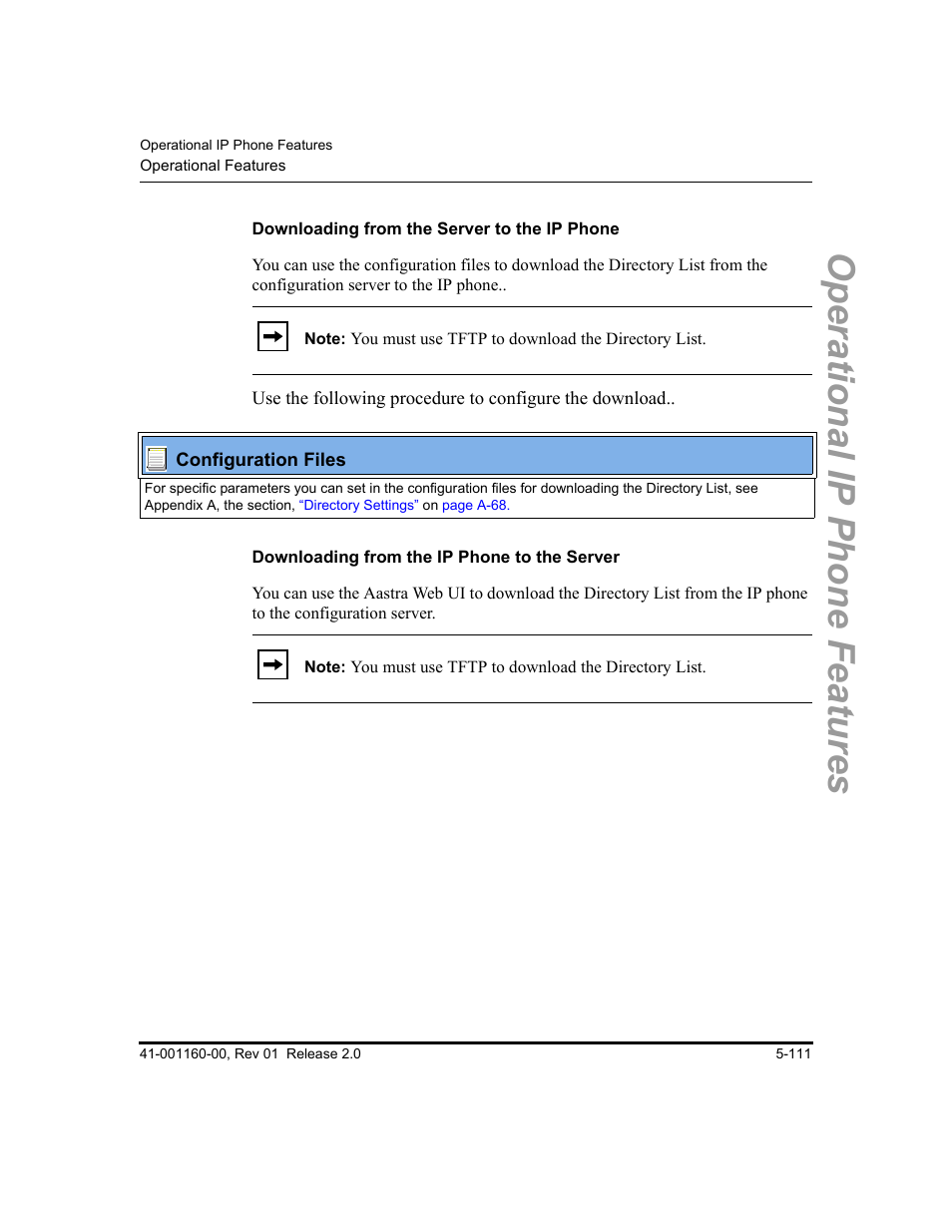 Downloading from the server to the ip phone, Downloading from the ip phone to the server, Operational ip phone features | Aastra Telecom SISIP 57I CT User Manual | Page 239 / 602