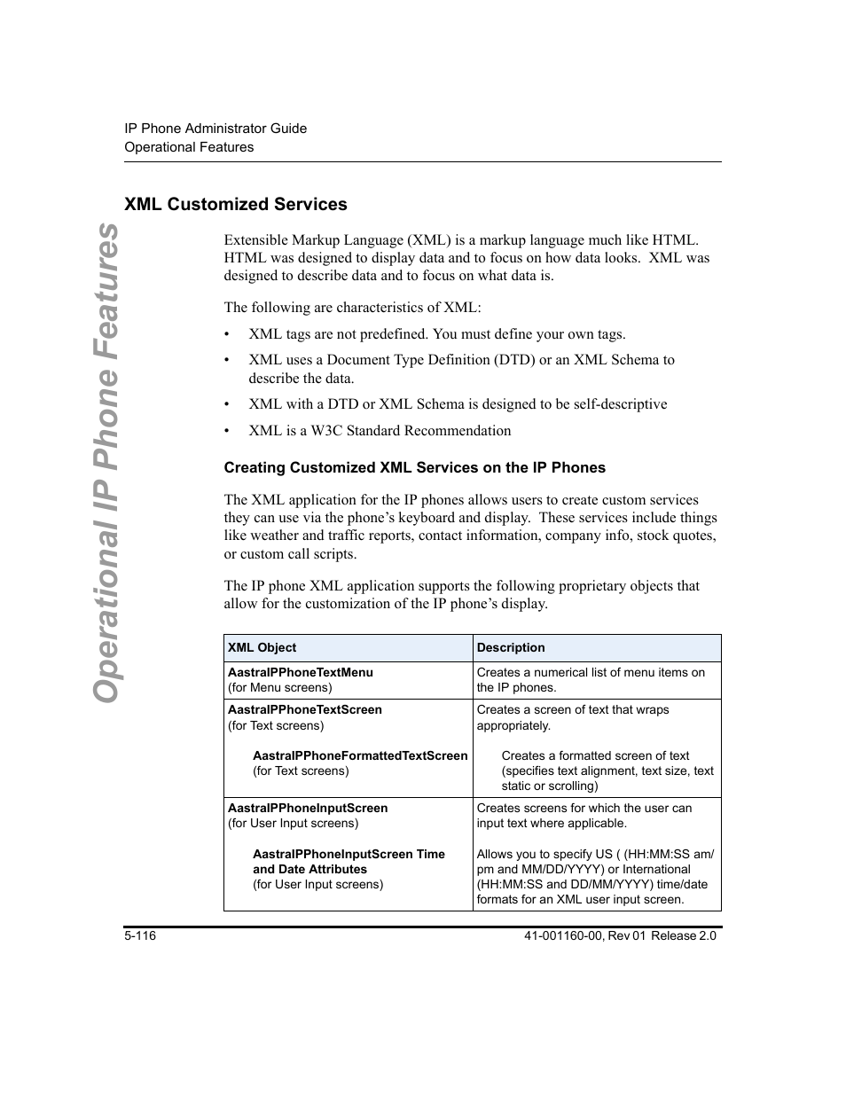 Xml customized services, Creating customized xml services on the ip phones, Xml customized services -116 | Customized services, Operational ip phone features | Aastra Telecom SISIP 57I CT User Manual | Page 244 / 602