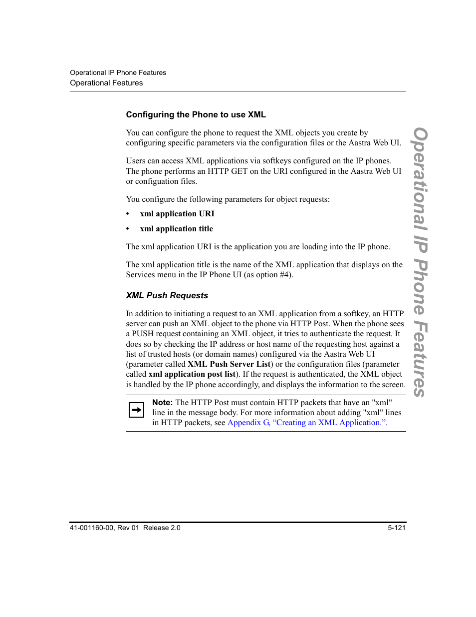 Configuring the phone to use xml, Xml push requests, Operational ip phone features | Aastra Telecom SISIP 57I CT User Manual | Page 249 / 602