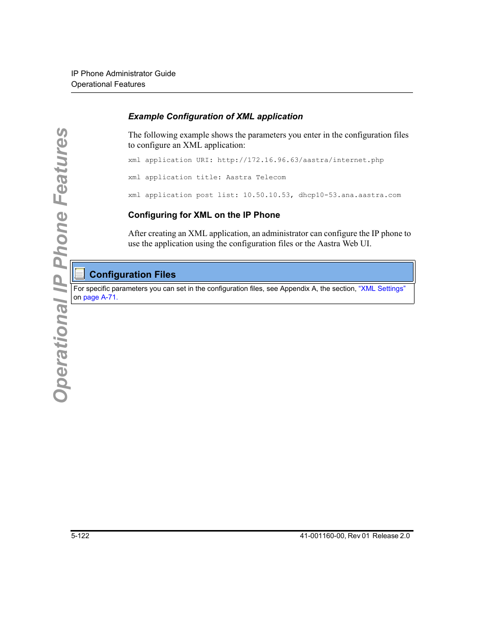 Example configuration of xml application, Configuring for xml on the ip phone, Operational ip phone features | Aastra Telecom SISIP 57I CT User Manual | Page 250 / 602