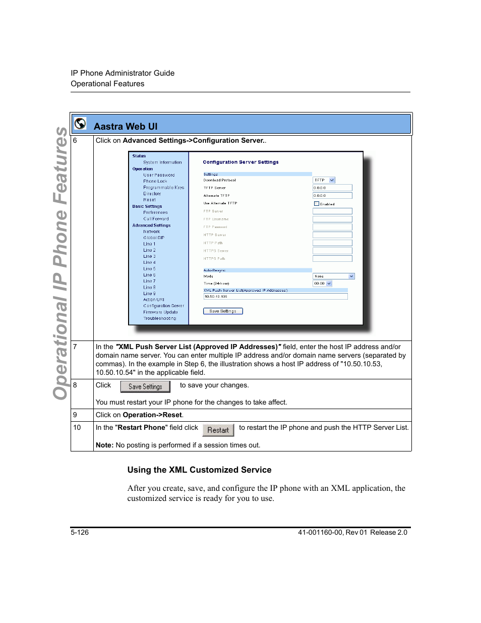 Using the xml customized service, Operational ip phone features | Aastra Telecom SISIP 57I CT User Manual | Page 254 / 602