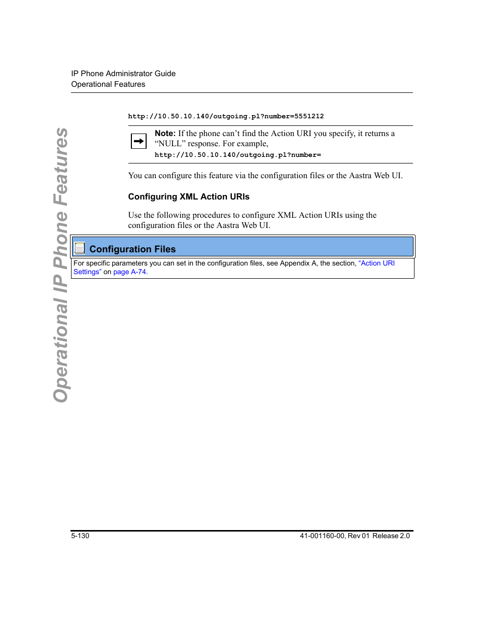 Configuring xml action uris, Operational ip phone features | Aastra Telecom SISIP 57I CT User Manual | Page 258 / 602