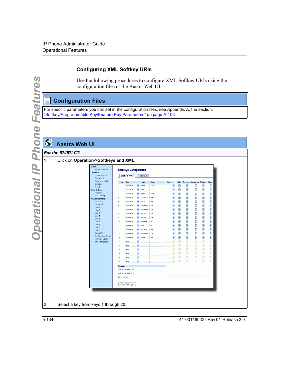 Configuring xml softkey uris, Operational ip phone features | Aastra Telecom SISIP 57I CT User Manual | Page 262 / 602