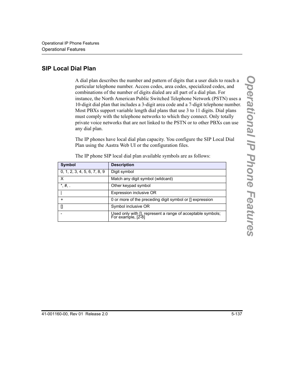 Sip local dial plan, Sip local dial plan -137, Operational ip phone features | Aastra Telecom SISIP 57I CT User Manual | Page 265 / 602