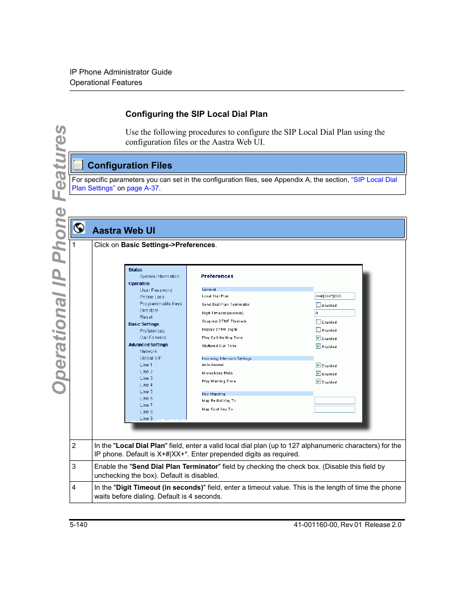 Configuring the sip local dial plan, Operational ip phone features | Aastra Telecom SISIP 57I CT User Manual | Page 268 / 602