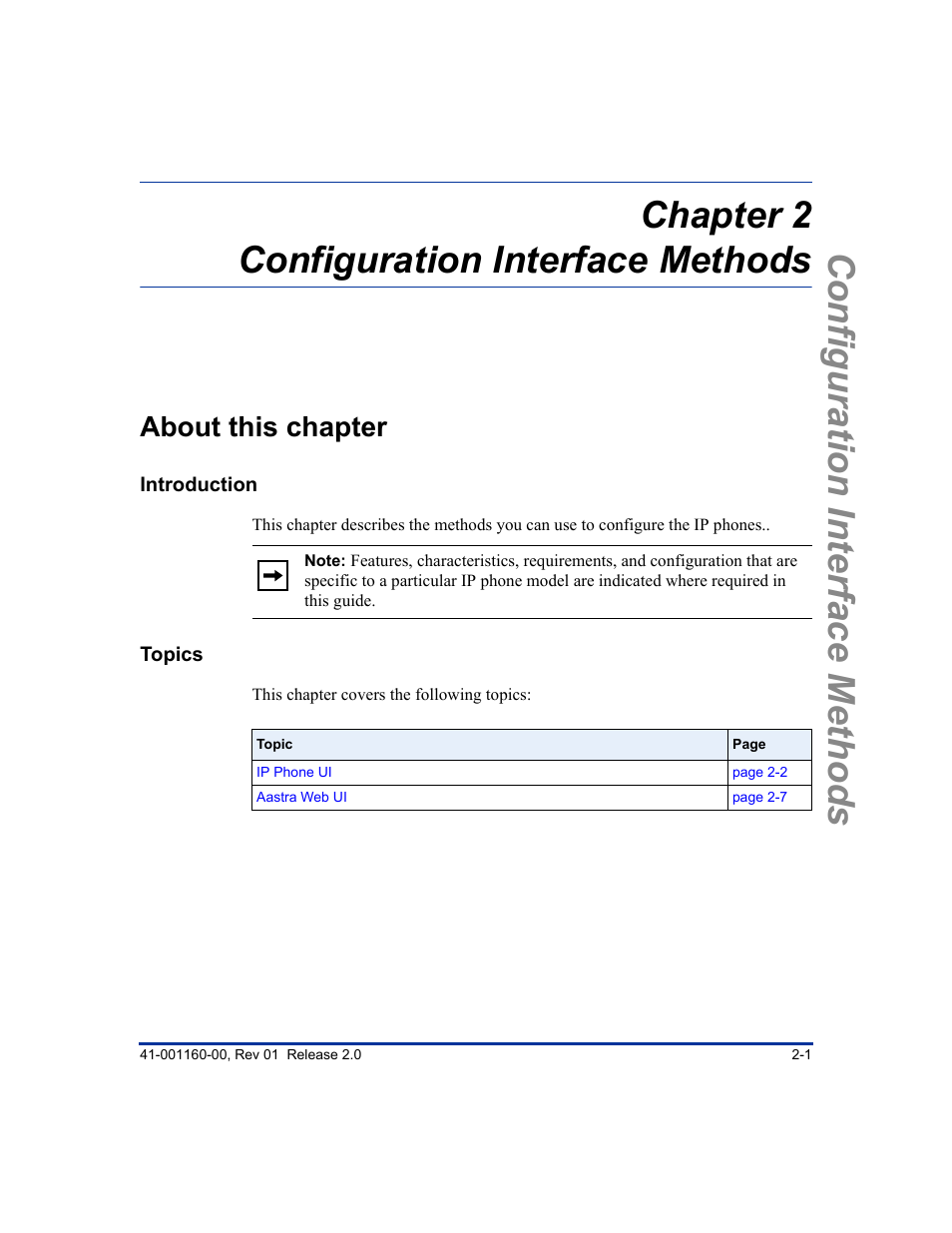 Chapter 2 configuration interface methods, About this chapter, About this chapter -1 | Chapter 2 | Aastra Telecom SISIP 57I CT User Manual | Page 27 / 602