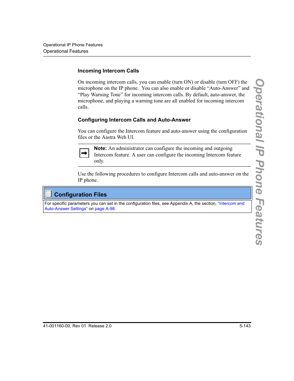 Incoming intercom calls, Configuring intercom calls and auto-answer, Operational ip phone features | Aastra Telecom SISIP 57I CT User Manual | Page 271 / 602