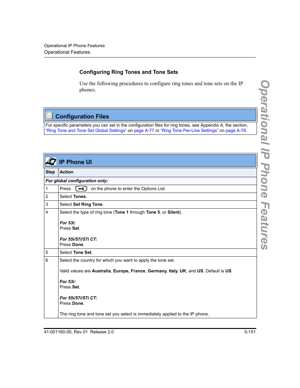 Configuring ring tones and tone sets, Operational ip phone features | Aastra Telecom SISIP 57I CT User Manual | Page 279 / 602