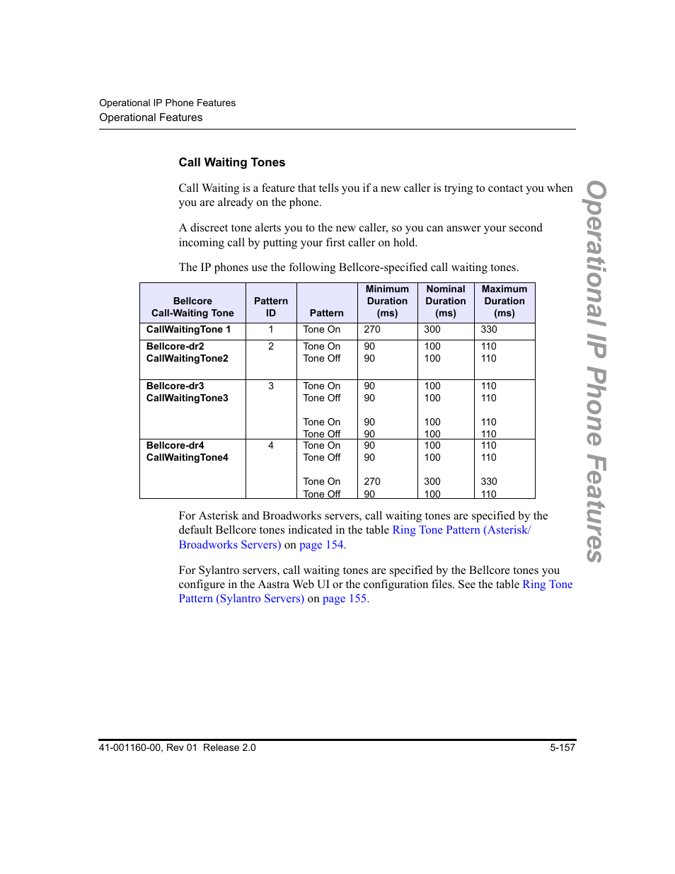 Call waiting tones, Operational ip phone features | Aastra Telecom SISIP 57I CT User Manual | Page 285 / 602