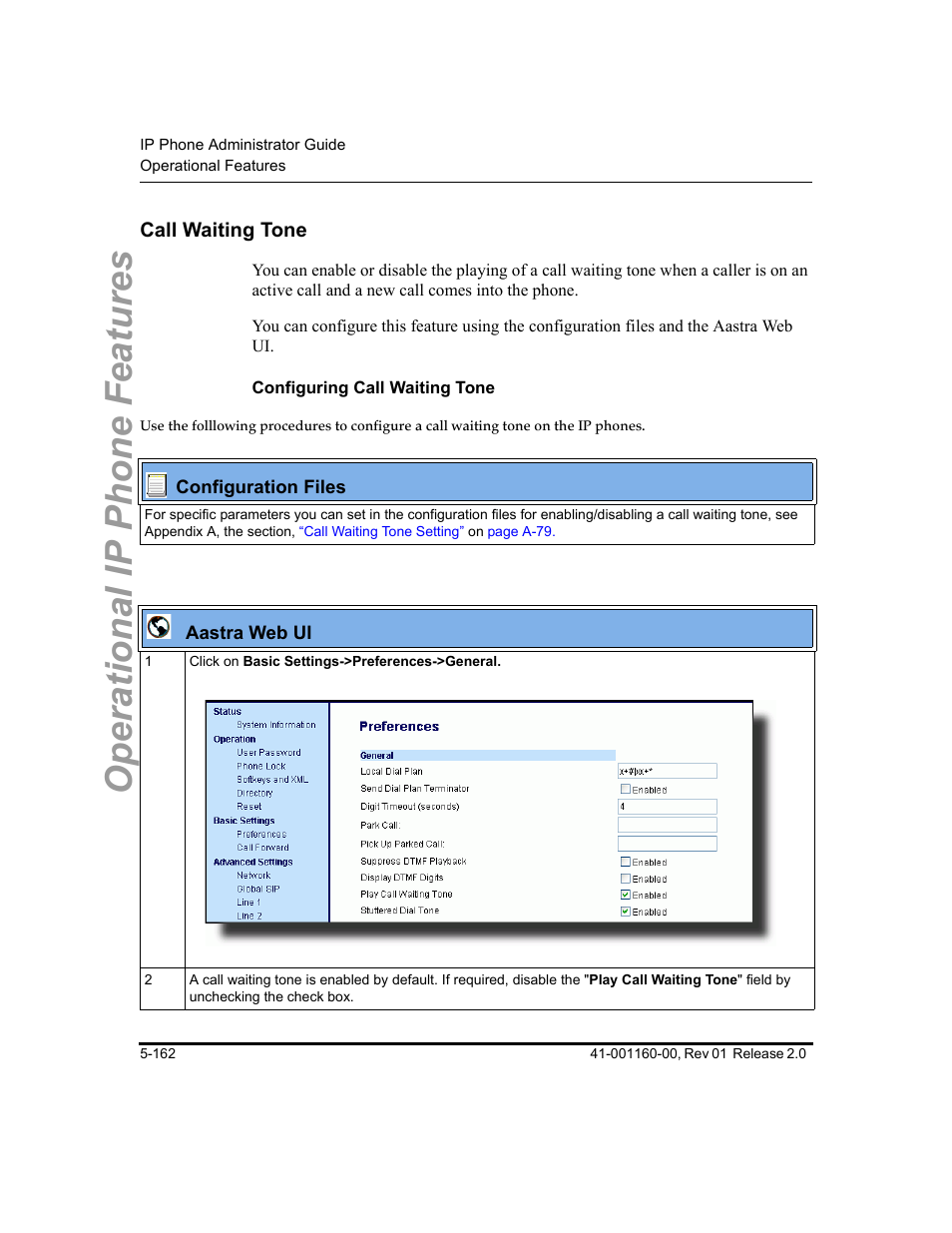 Call waiting tone, Configuring call waiting tone, Call waiting tone -162 | Operational ip phone features | Aastra Telecom SISIP 57I CT User Manual | Page 290 / 602