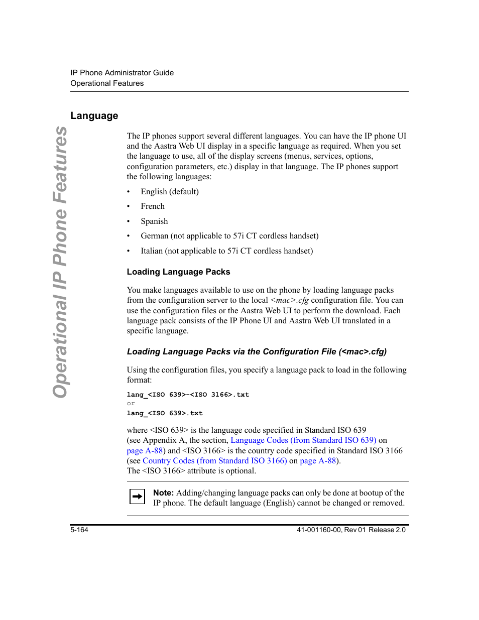 Language, Loading language packs, Language -164 | Operational ip phone features | Aastra Telecom SISIP 57I CT User Manual | Page 292 / 602