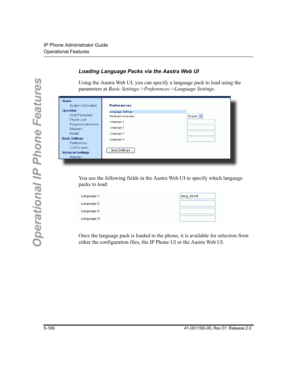 Loading language packs via the aastra web ui, Operational ip phone features | Aastra Telecom SISIP 57I CT User Manual | Page 294 / 602