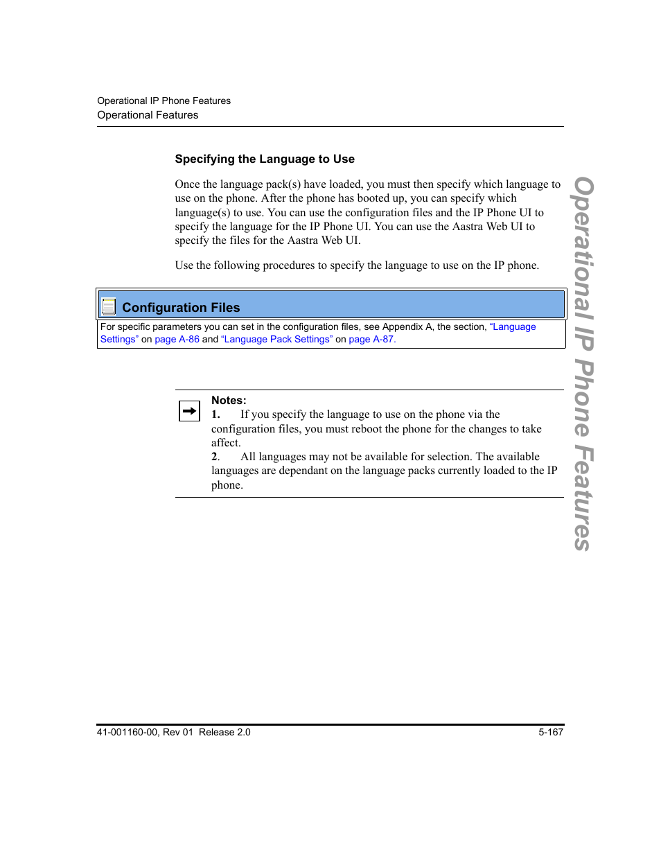 Specifying the language to use, Operational ip phone features | Aastra Telecom SISIP 57I CT User Manual | Page 295 / 602