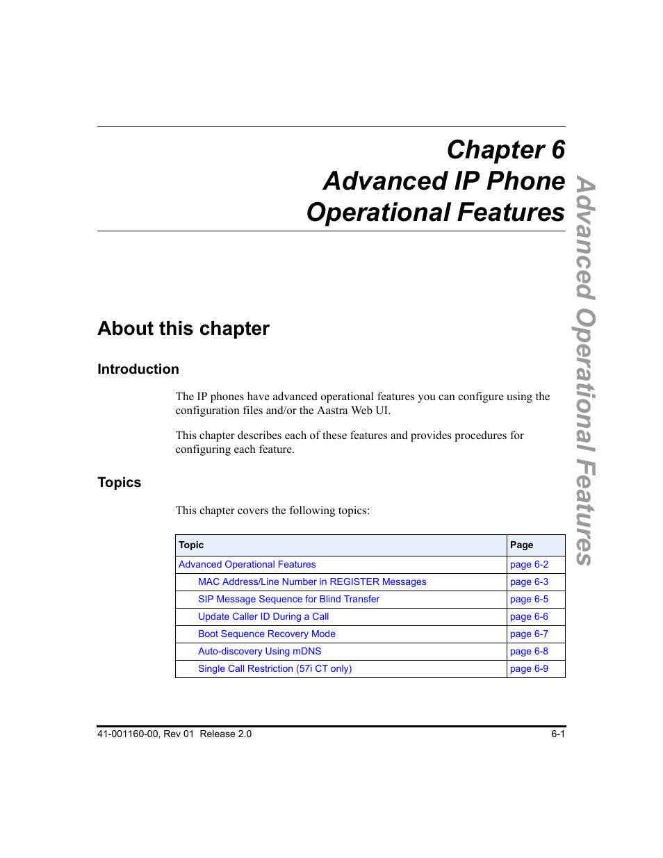 Chapter 6 advanced ip phone operational features, About this chapter, About this chapter -1 | Chapter 6, Ge (see | Aastra Telecom SISIP 57I CT User Manual | Page 299 / 602