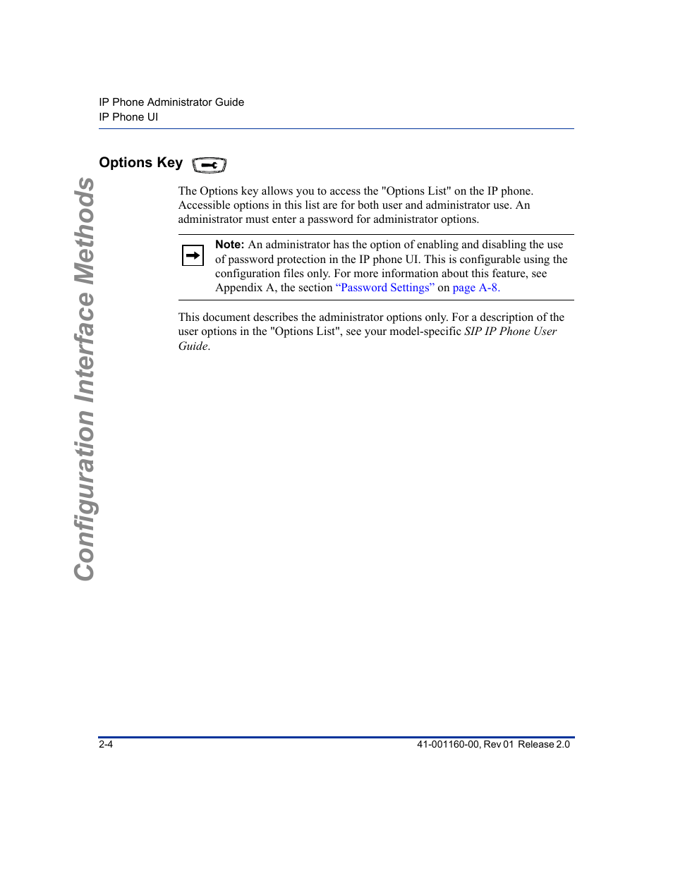 Options key, Options key -4, Configuration interface methods | Aastra Telecom SISIP 57I CT User Manual | Page 30 / 602