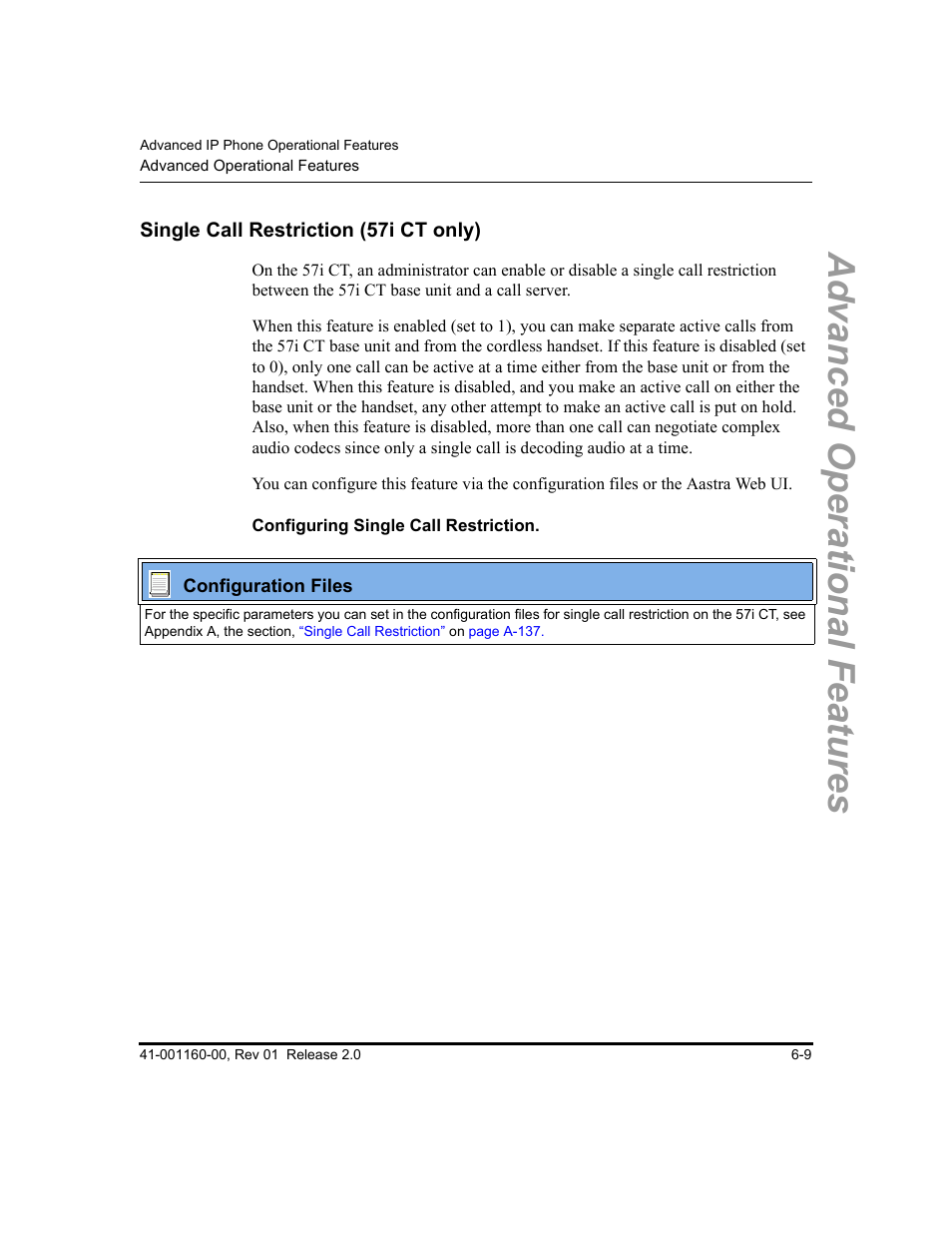 Single call restriction (57i ct only), Configuring single call restriction, Single call restriction (57i ct only) -9 | Advanced operational features | Aastra Telecom SISIP 57I CT User Manual | Page 307 / 602