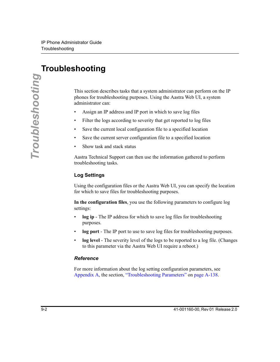 Troubleshooting, Log settings, Reference | Troubleshooting -2 | Aastra Telecom SISIP 57I CT User Manual | Page 326 / 602