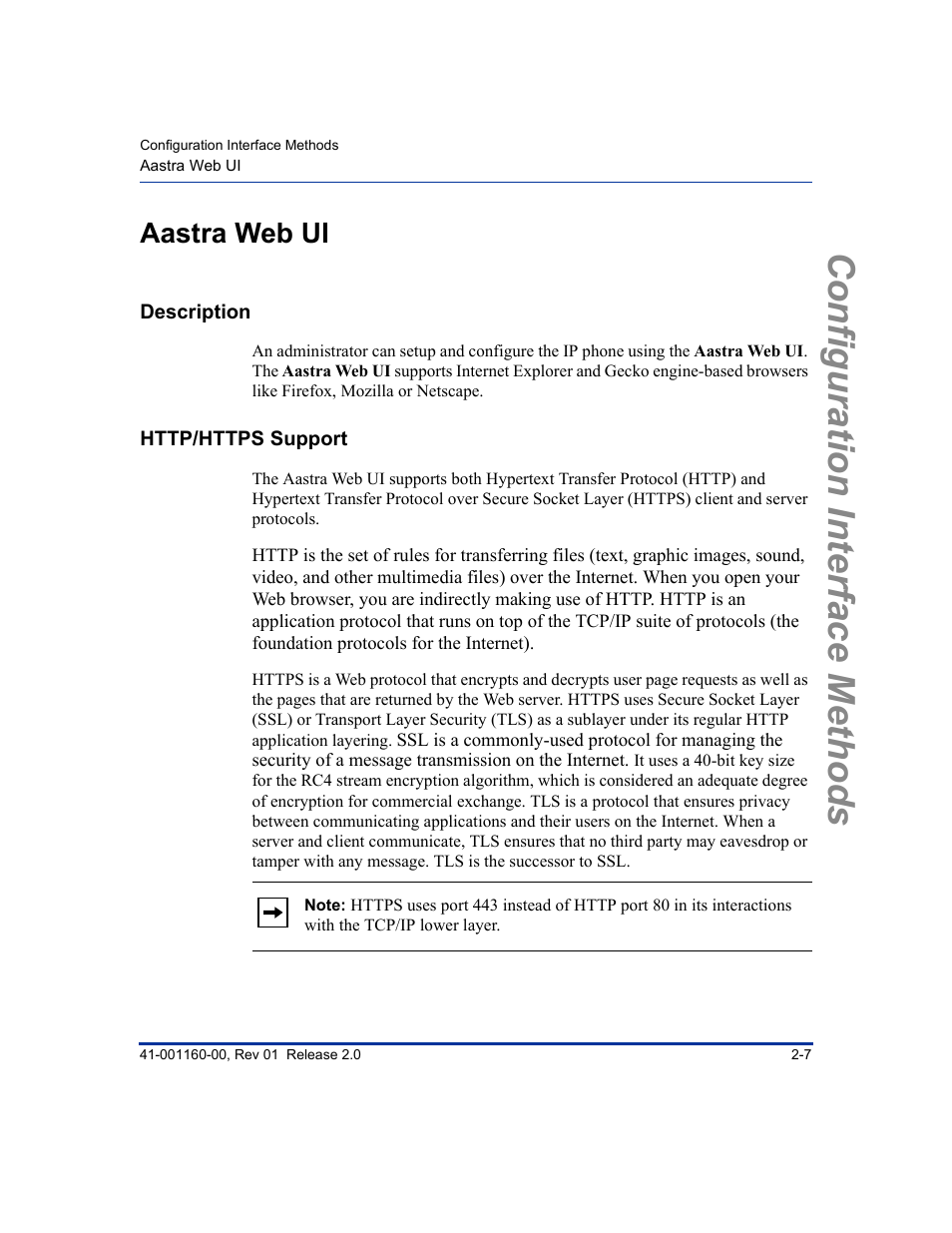 Aastra web ui, Description, Http/https support | Aastra web ui -7, Description -7, Http/https support -7, Configuration interface methods | Aastra Telecom SISIP 57I CT User Manual | Page 33 / 602