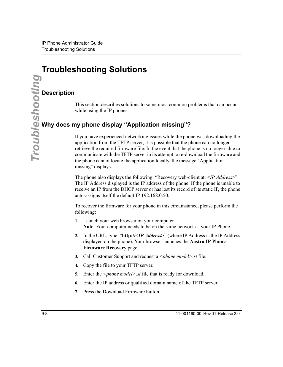 Troubleshooting solutions, Description, Why does my phone display “application missing | Troubleshooting solutions -8, Description -8, Troubleshooting | Aastra Telecom SISIP 57I CT User Manual | Page 332 / 602