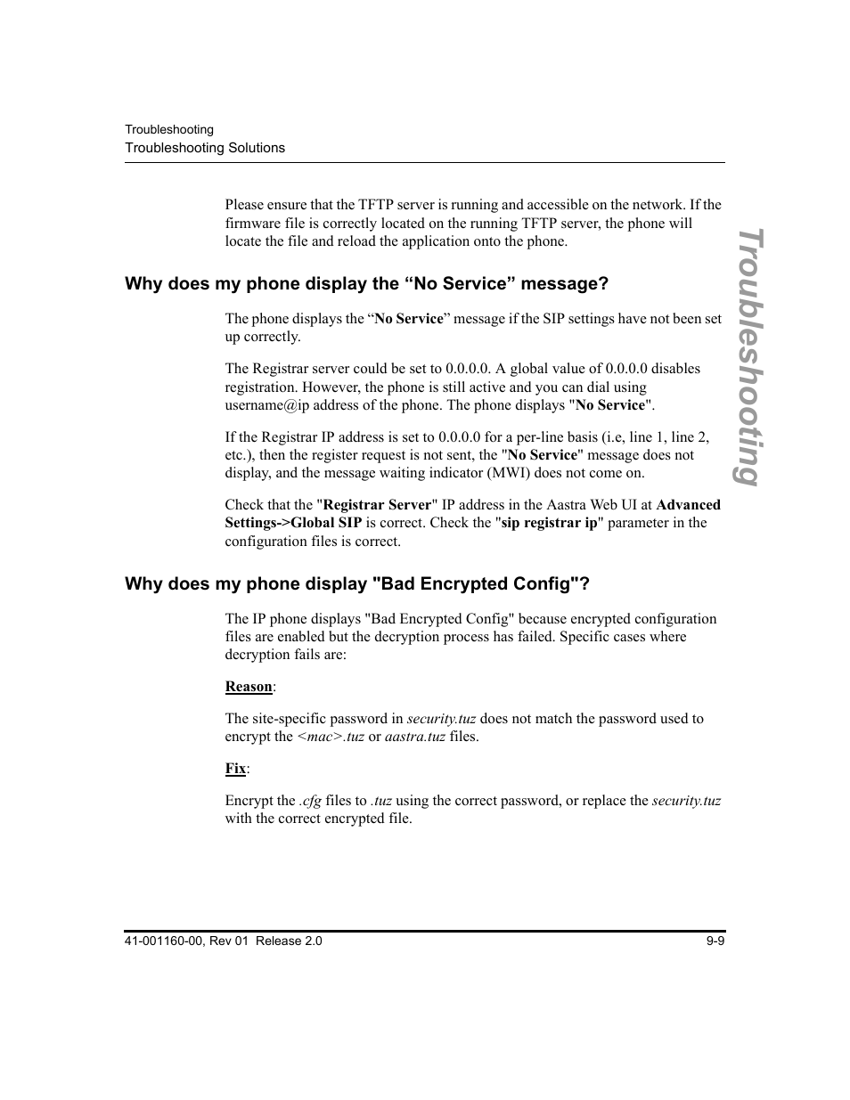 Why does my phone display the “no service” message, Why does my phone display "bad encrypted config, Troubleshooting | Aastra Telecom SISIP 57I CT User Manual | Page 333 / 602