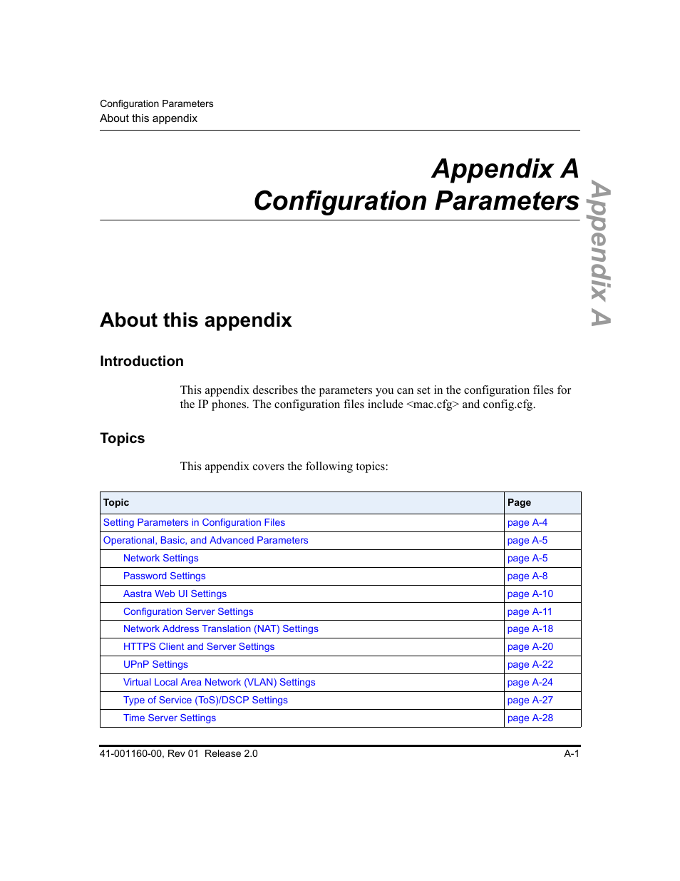 Appendix a configuration parameters, About this appendix, Appendix a | Configuration parameters, Appendix a, “configuration parameters, The se | Aastra Telecom SISIP 57I CT User Manual | Page 343 / 602
